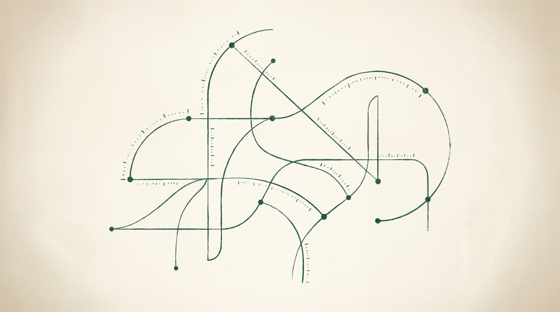 Warm hand-drafted style blueprint with pine green measurement lines and mounting-point markers