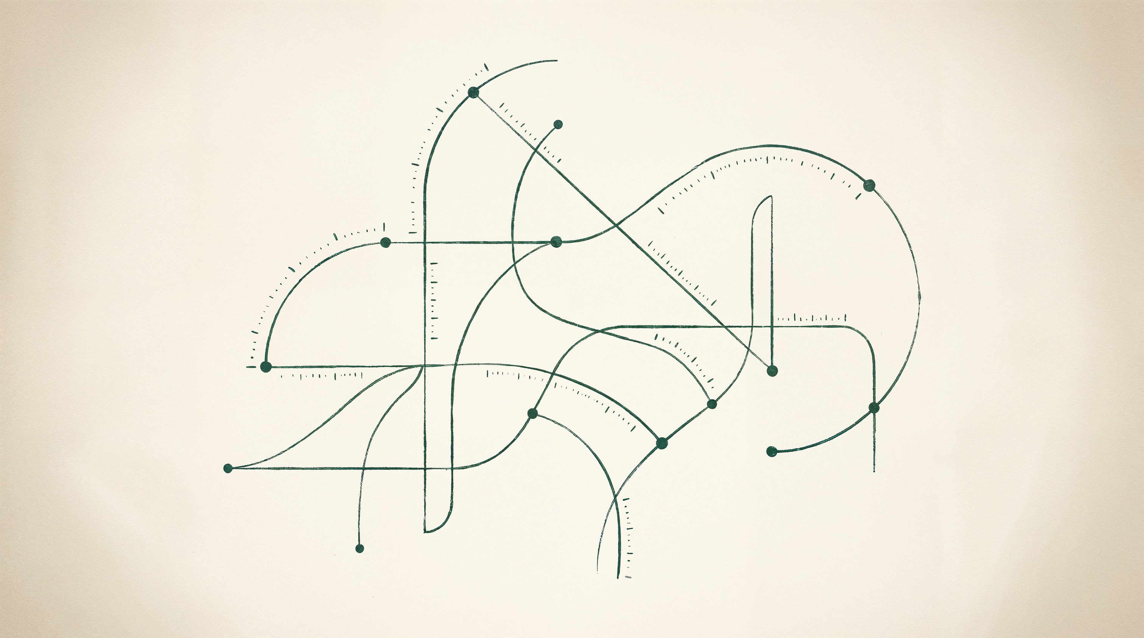 Warm hand-drafted style blueprint with pine green measurement lines and mounting-point markers