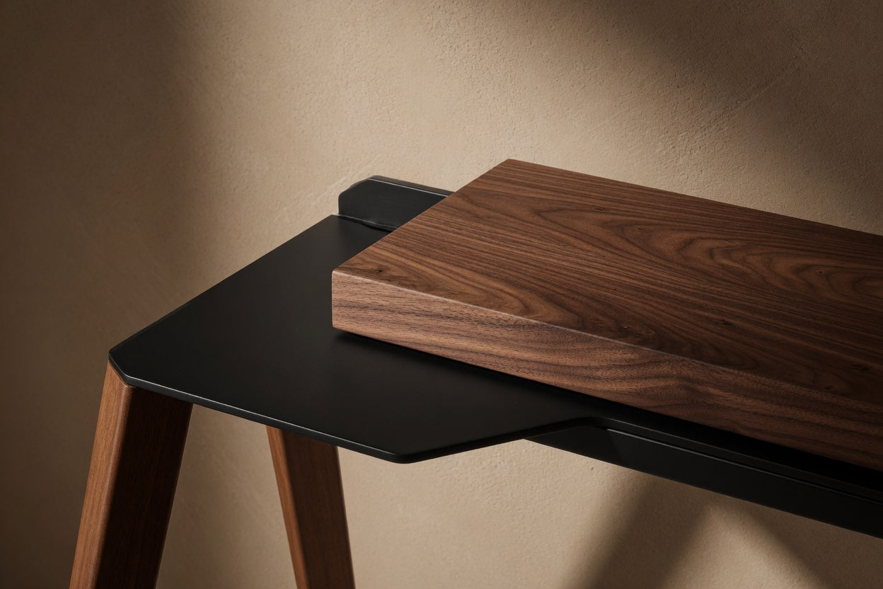 Walnut timber and powder-coated black steel