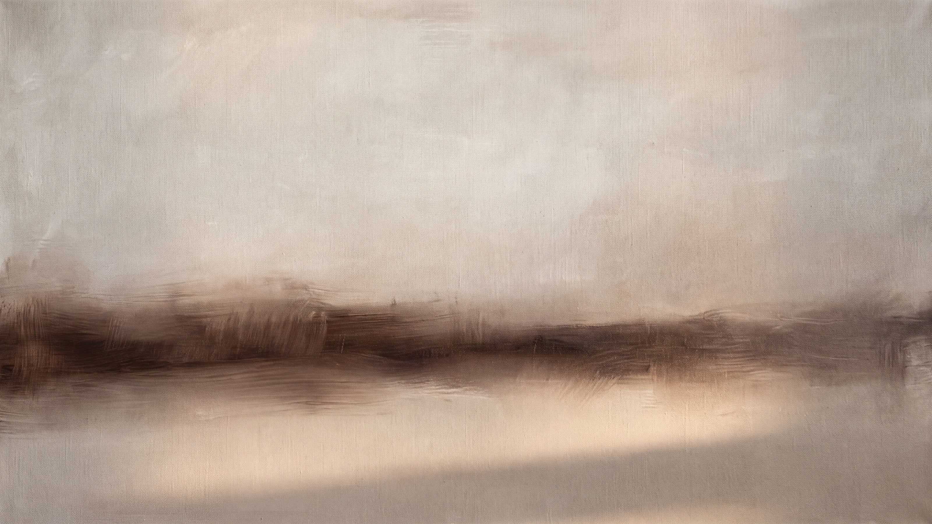 Abstract composition of a low walnut-brown band and soft shadow near the floor