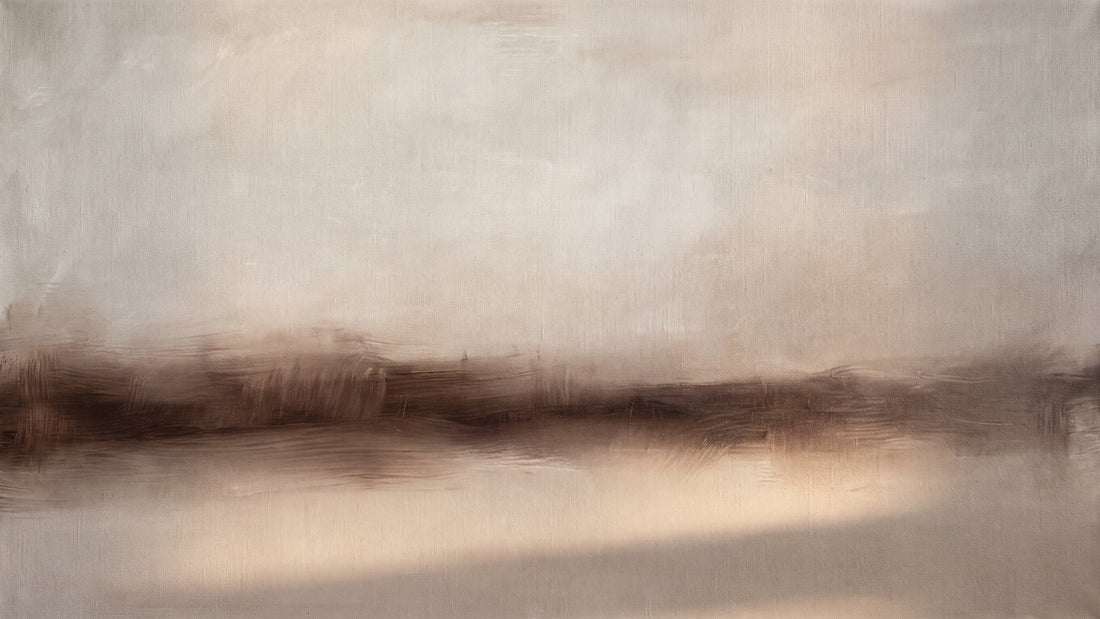 An abstract warm composition with a low walnut-brown horizontal band and soft shadow settling near the floor, evoking a calm low profile