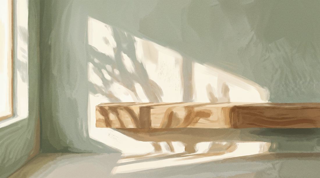Warm morning light casting a soft shadow of a low TV stand across a plaster wall