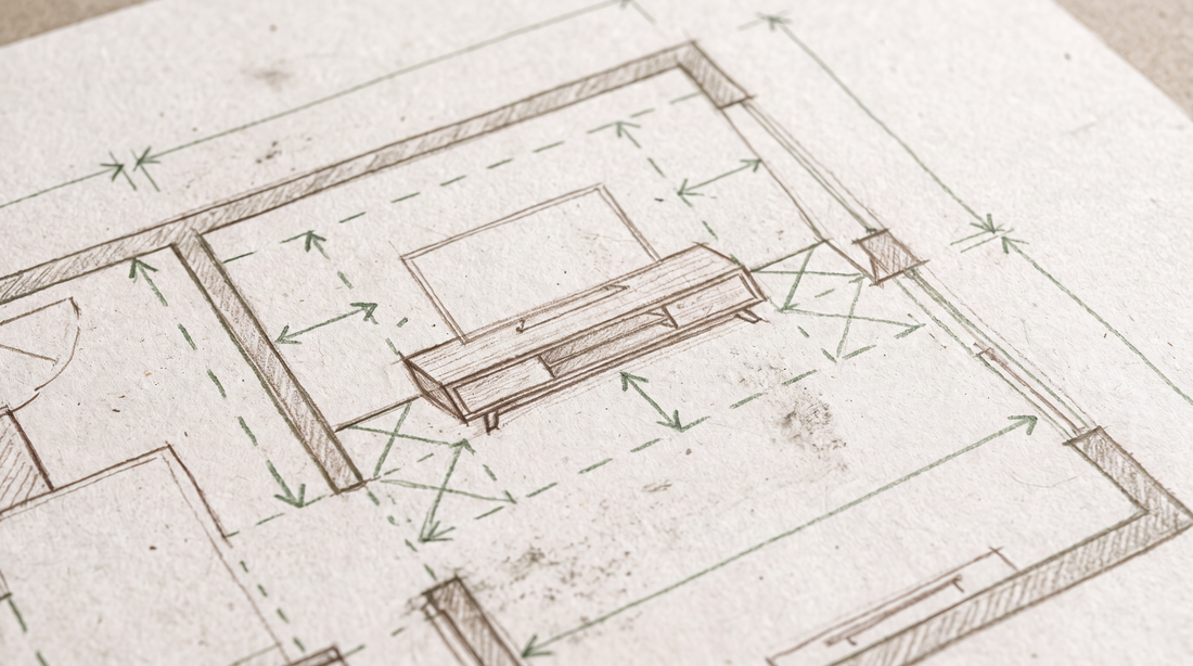 A hand-drafted floor plan fitting a low TV stand into an alcove
