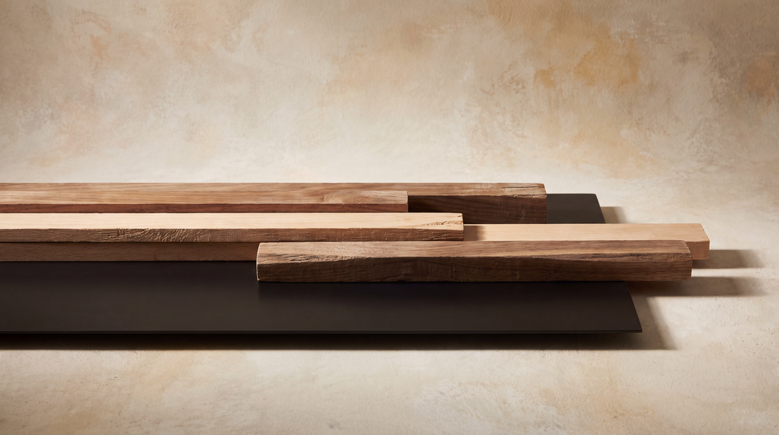 Warm walnut and pale beech wood grain against a panel of matte black steel