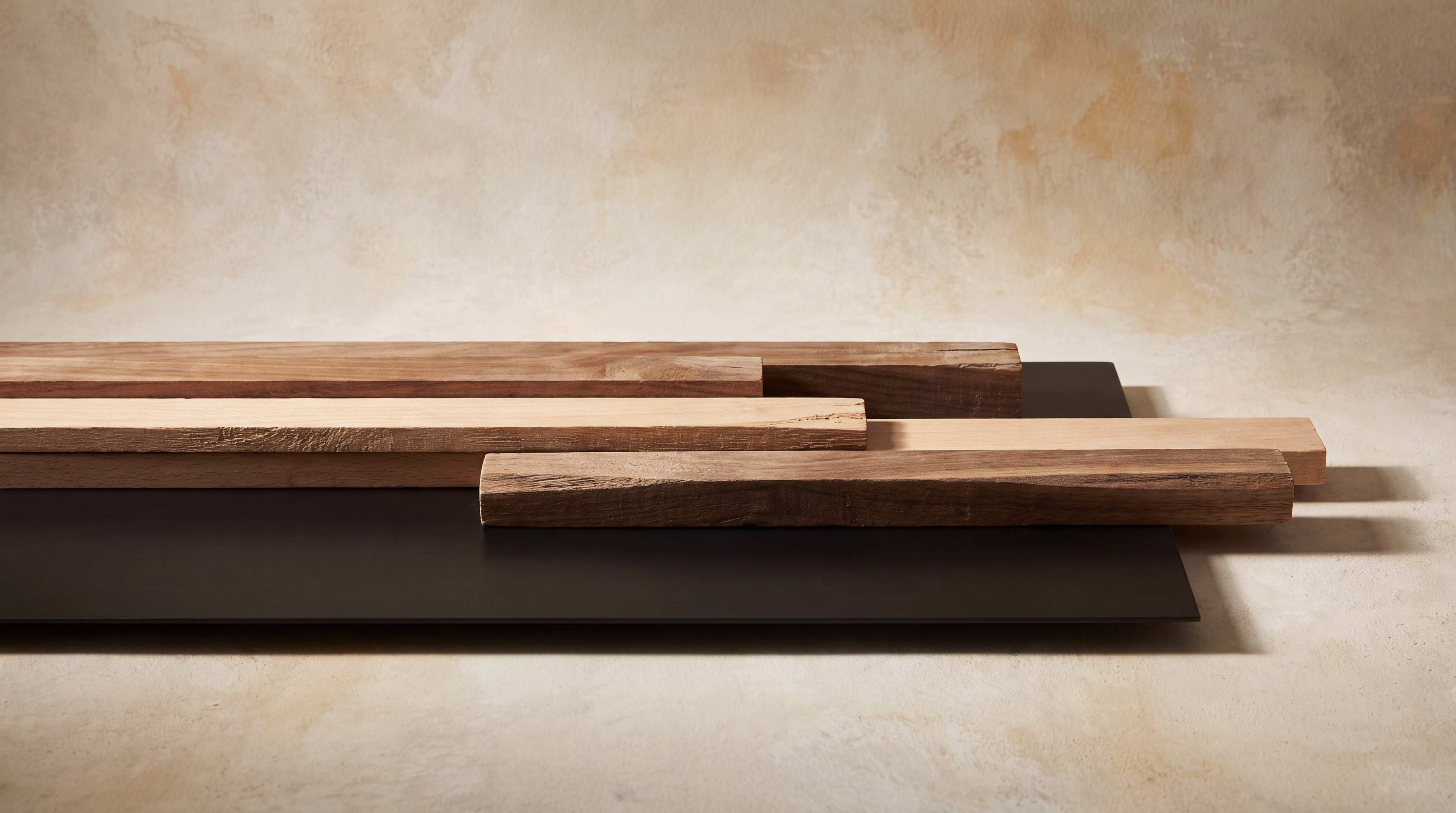 Warm walnut and pale beech wood grain against a panel of matte black steel