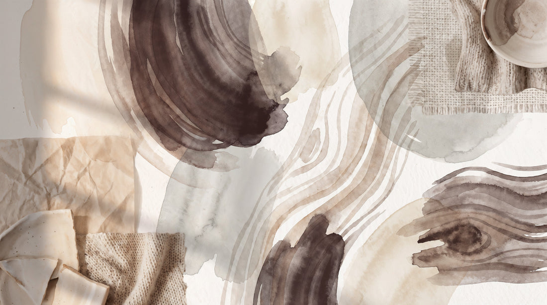 Painterly mood board blending deep walnut brown and pale beech cream tones