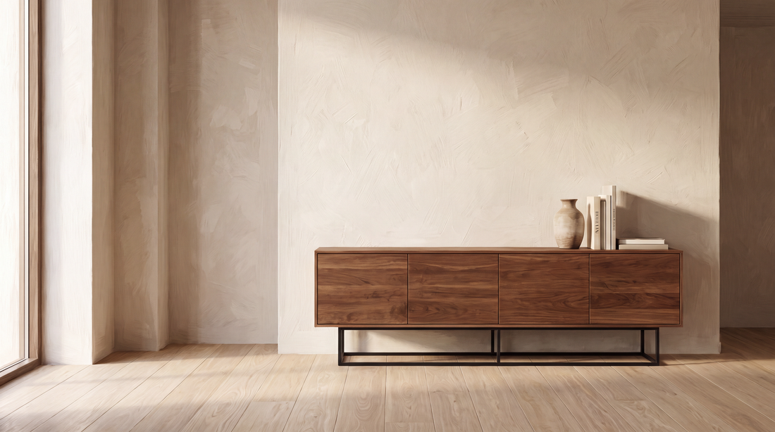 A low walnut TV stand on a slim black steel base standing on a pale oak floor beside a bare plaster wall