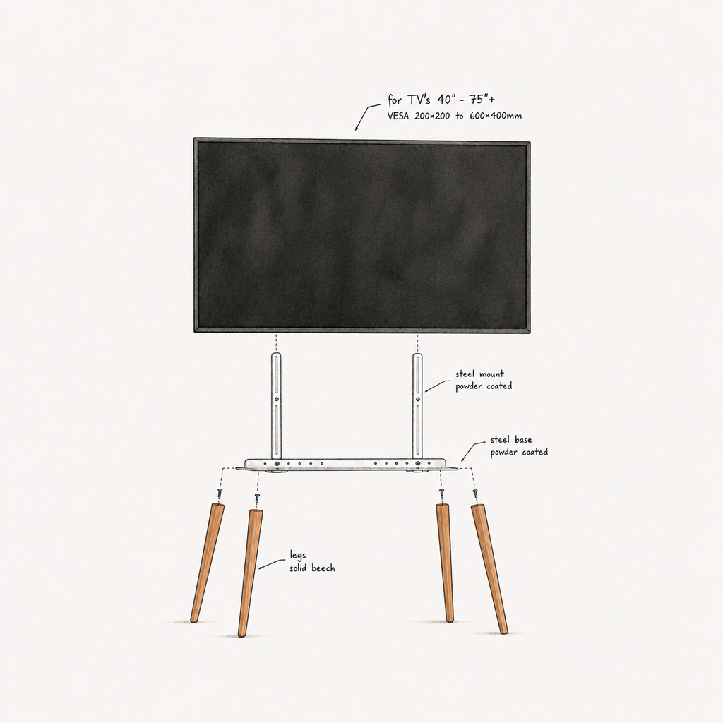 Exploded diagram of the Beech EASEL TV stand: solid beech legs and painted white steel
