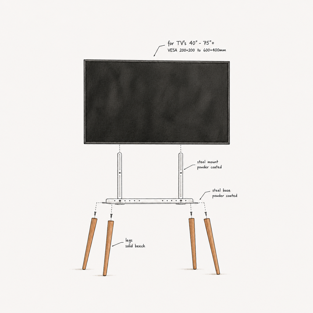 Exploded diagram of the Beech EASEL TV stand: solid beech legs and painted white steel