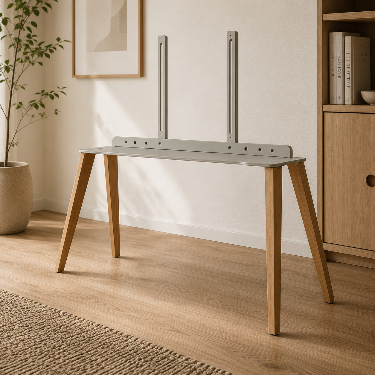 Beech EASEL TV stand without a screen, solid beech legs and painted steel rails