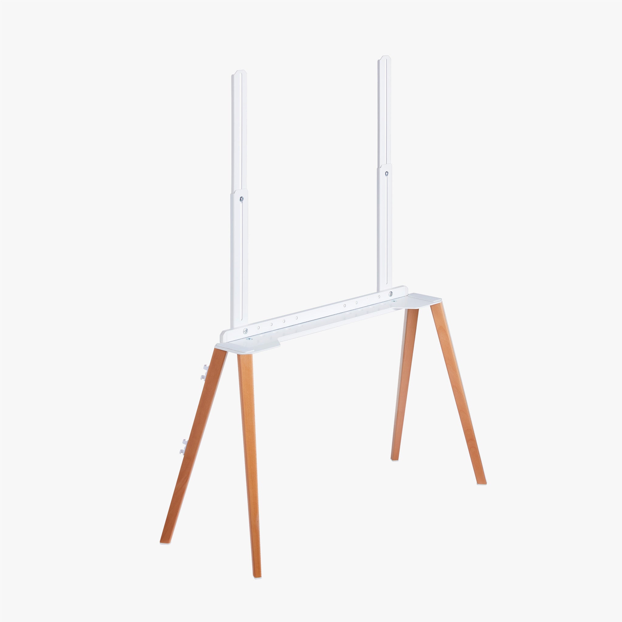 Beech EASEL TV stand, three-quarter front view, solid beech on painted white steel
