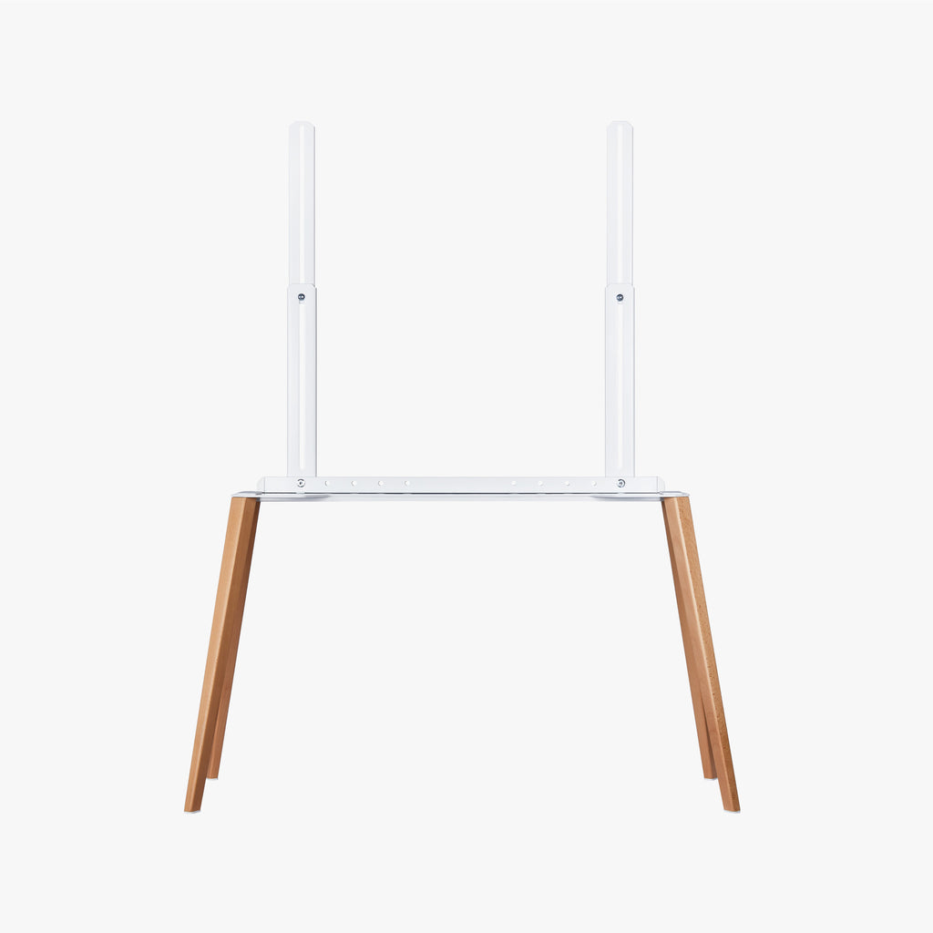 Beech EASEL TV stand, front view, solid beech legs on painted white steel