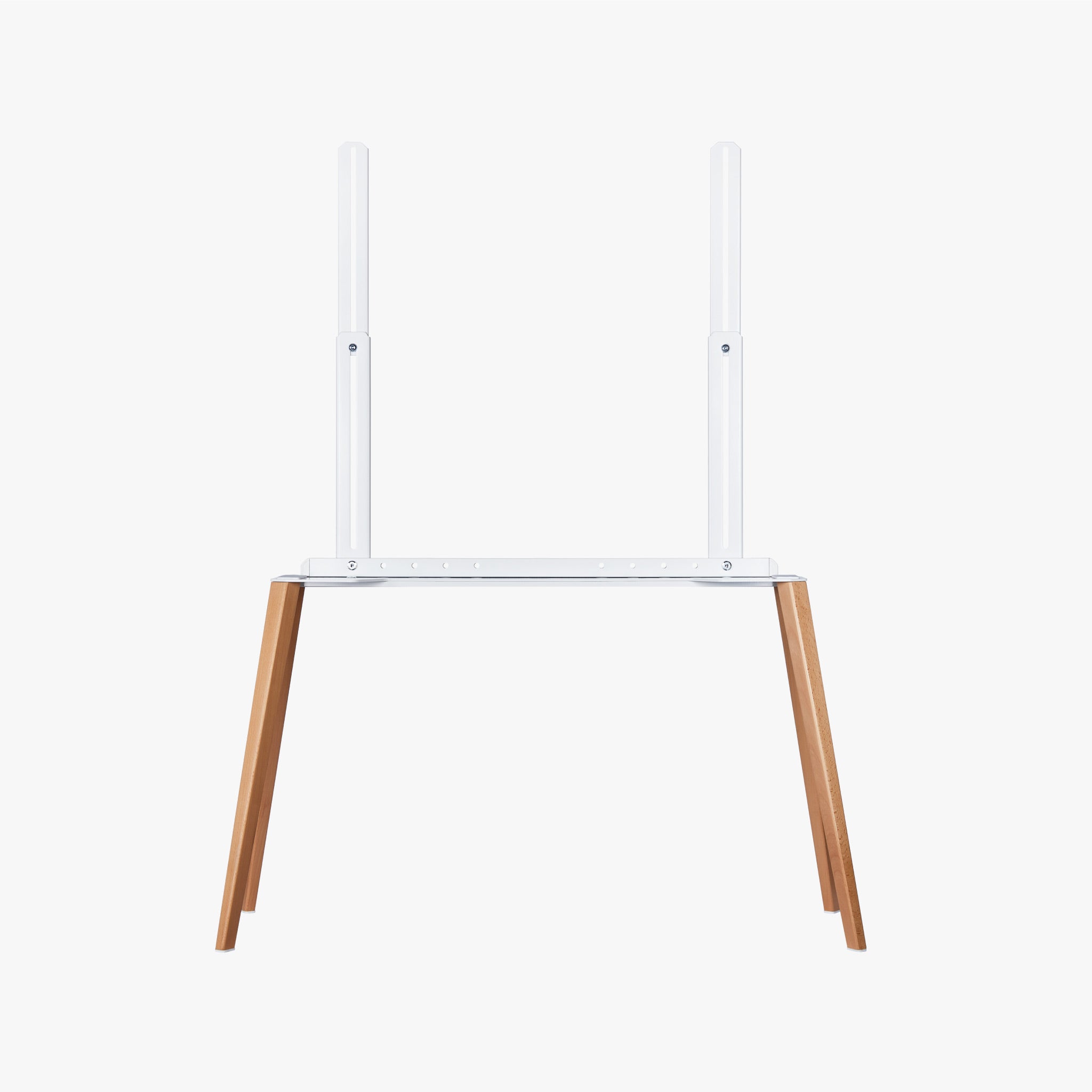 Beech EASEL TV stand, front view, solid beech legs on painted white steel