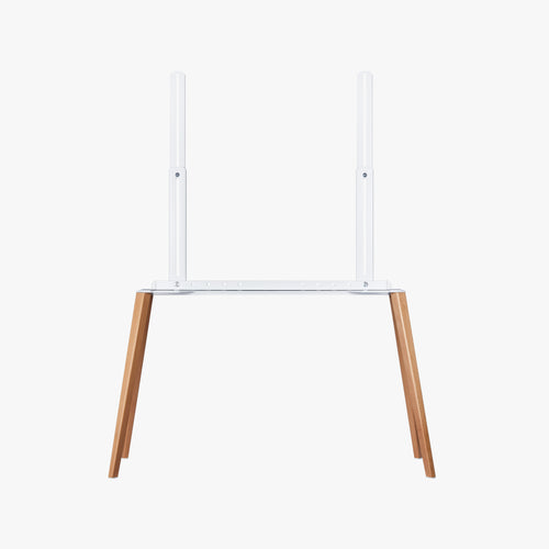 Beech EASEL TV stand, front view, solid beech legs on painted white steel