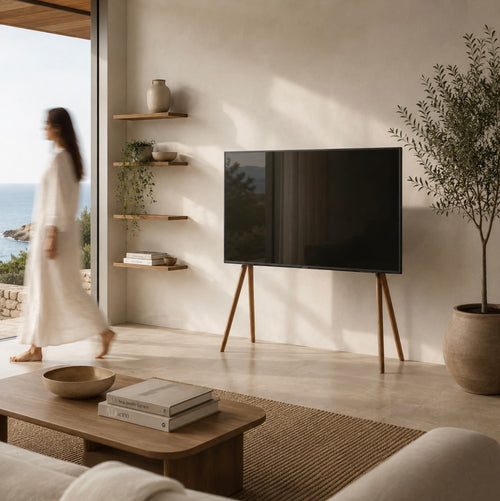 Beech EASEL TV stand in a bright coastal living room, solid beech legs on painted white steel