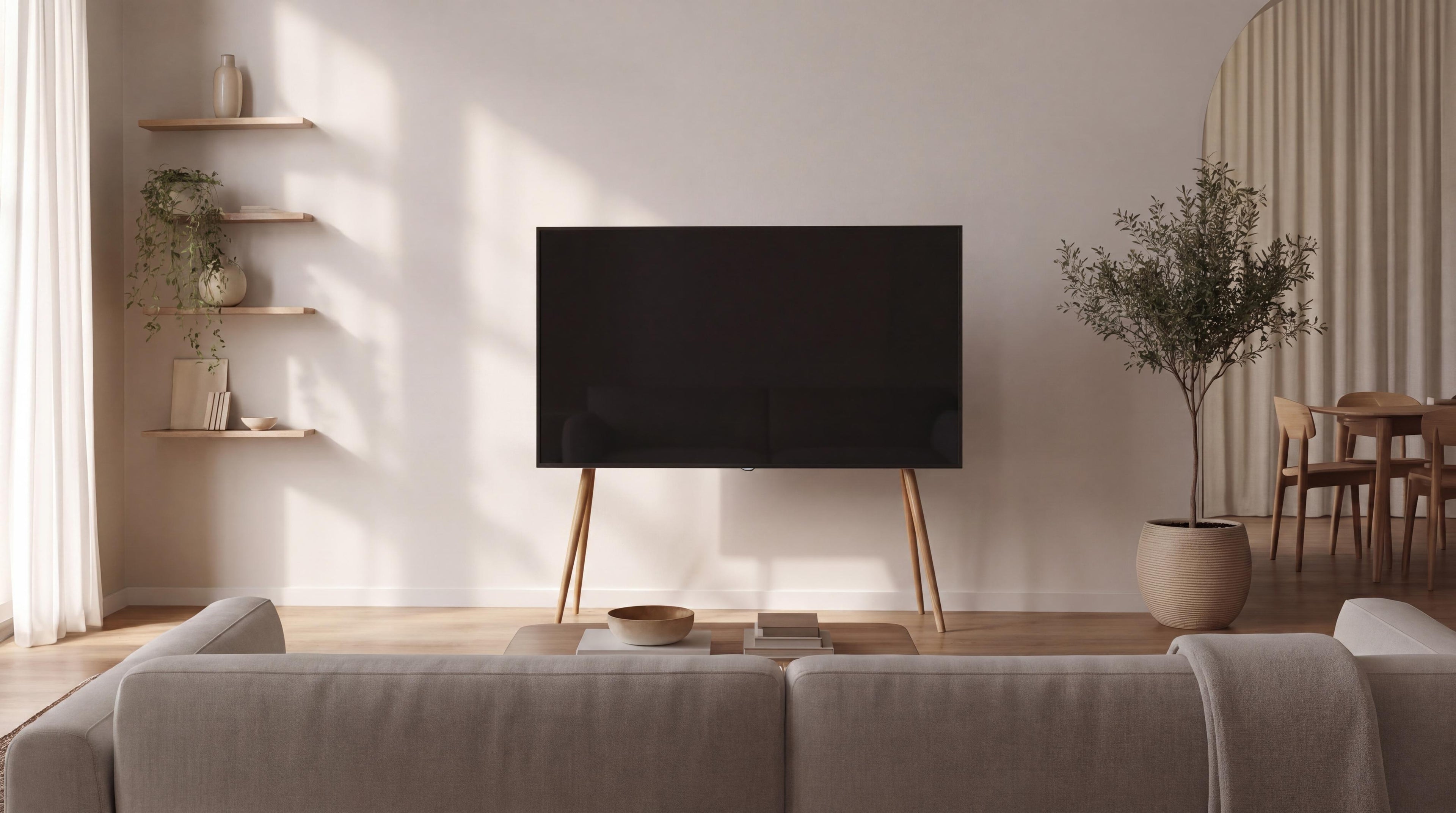 Beech EASEL TV stand facing the sofa in a calm living room