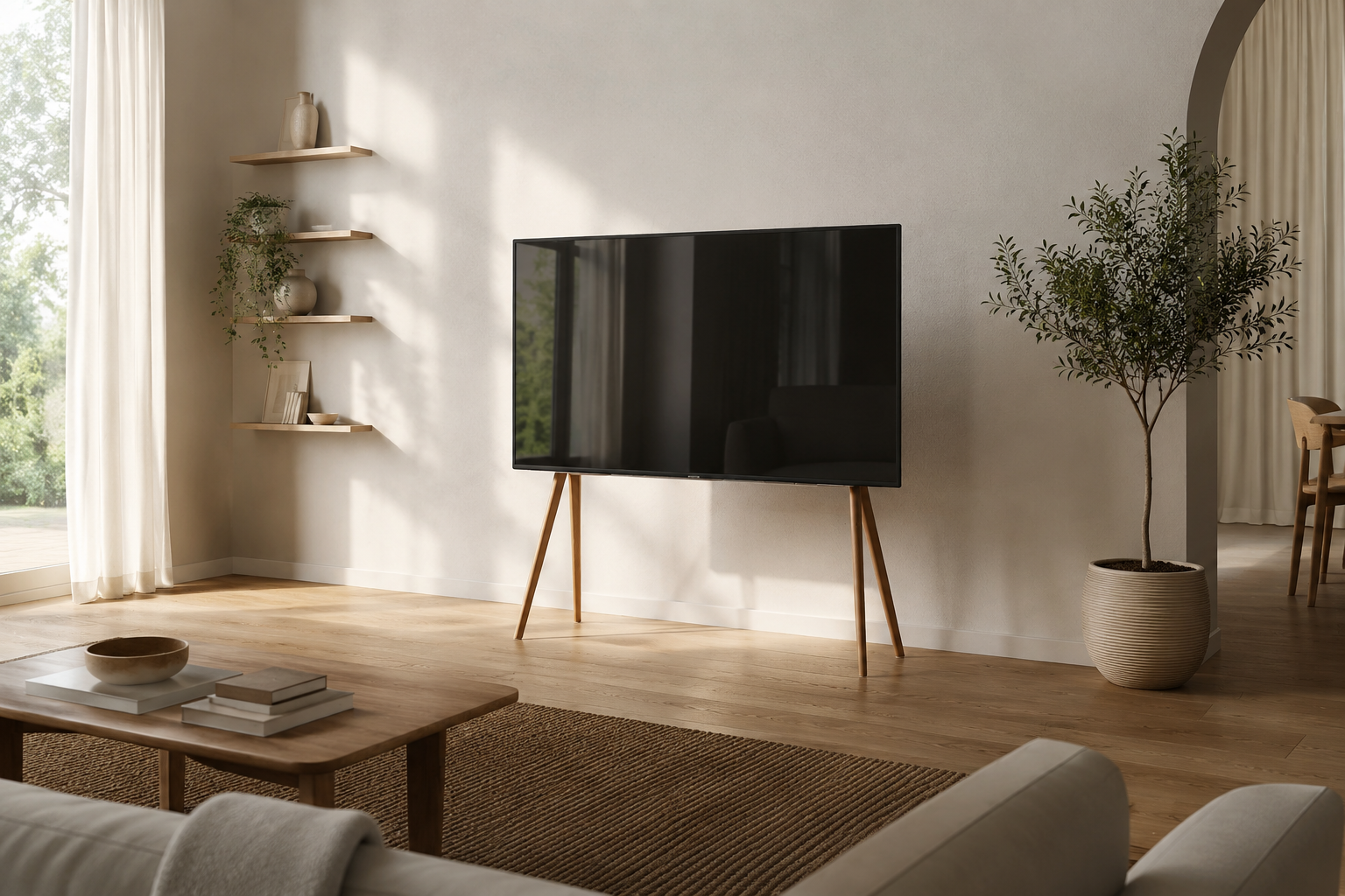 Beech EASEL TV stand in a sunlit living room, solid beech legs on painted white steel