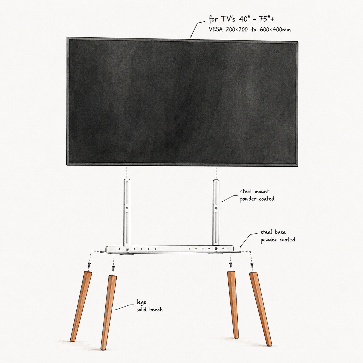 Parts diagram of the Beech EASEL TV stand: solid beech legs and painted white steel