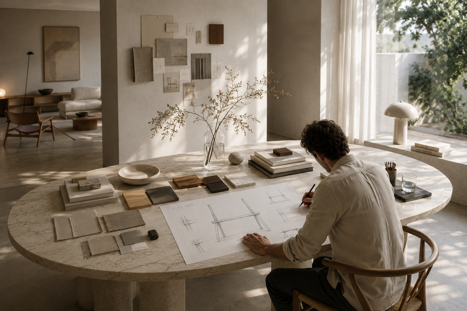 A designer working at a round stone table in a light, calm studio, drawing the Vislund TV stand beside wood, stone and fabric material samples