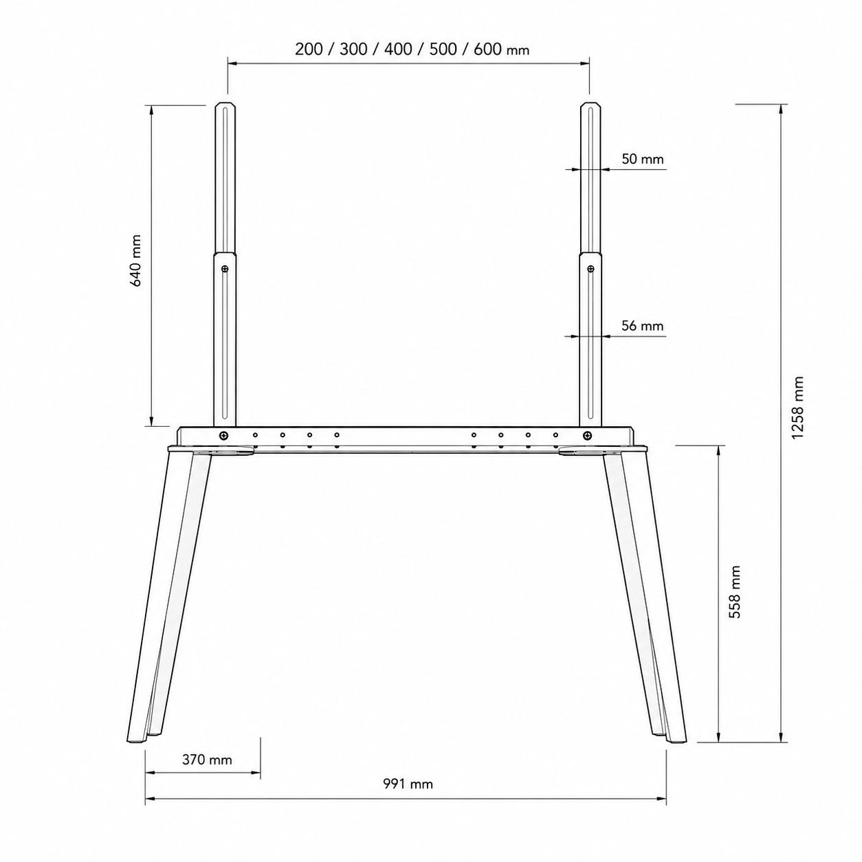 Technical dimension drawing of the Vislund TV stand: 991 mm wide, 1258 mm tall, 370 mm deep, VESA mount spacing 200 to 600 mm