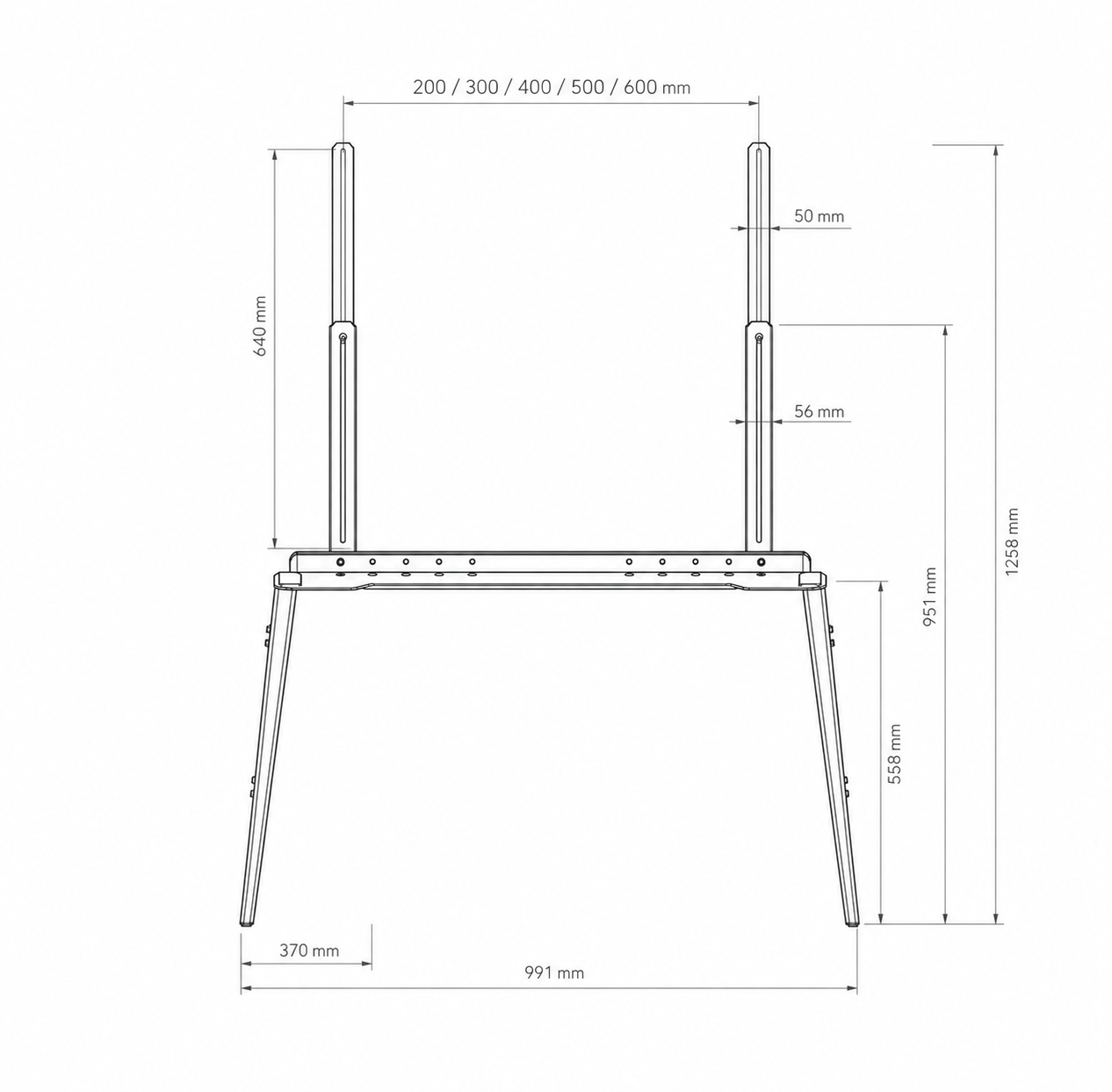 Dimension drawing of the Vislund TV stand showing overall width, height, depth, and VESA mounting rail spacing