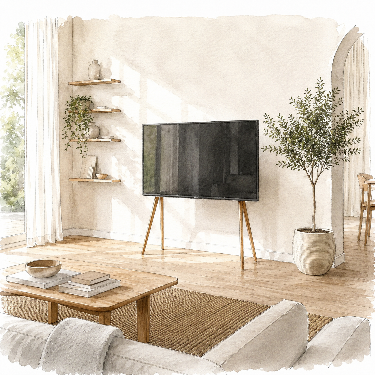 Watercolour illustration of a calm living room with a television resting on a Vislund easel-style TV stand