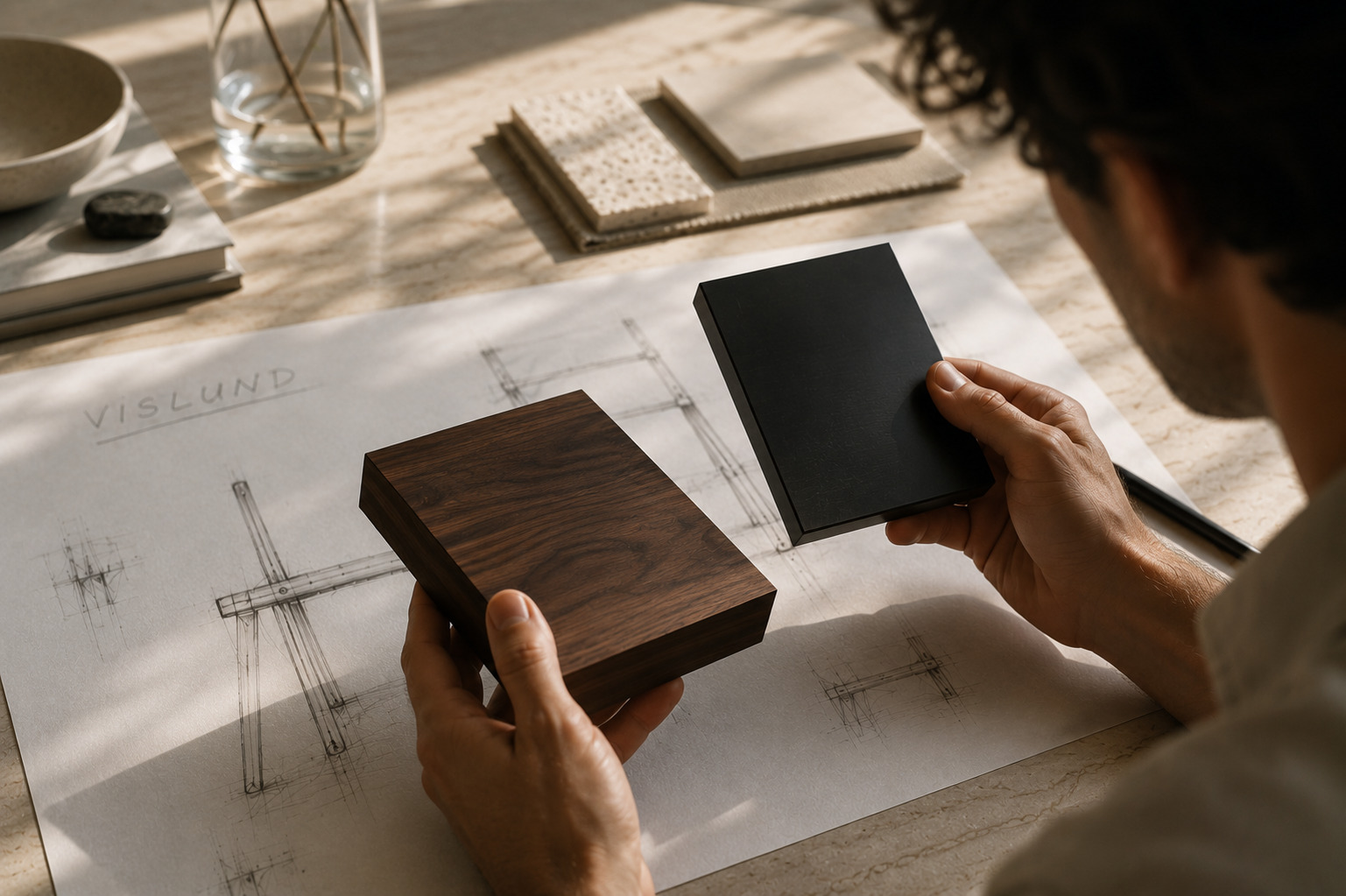 Walnut and painted black steel samples compared over a Vislund sketch