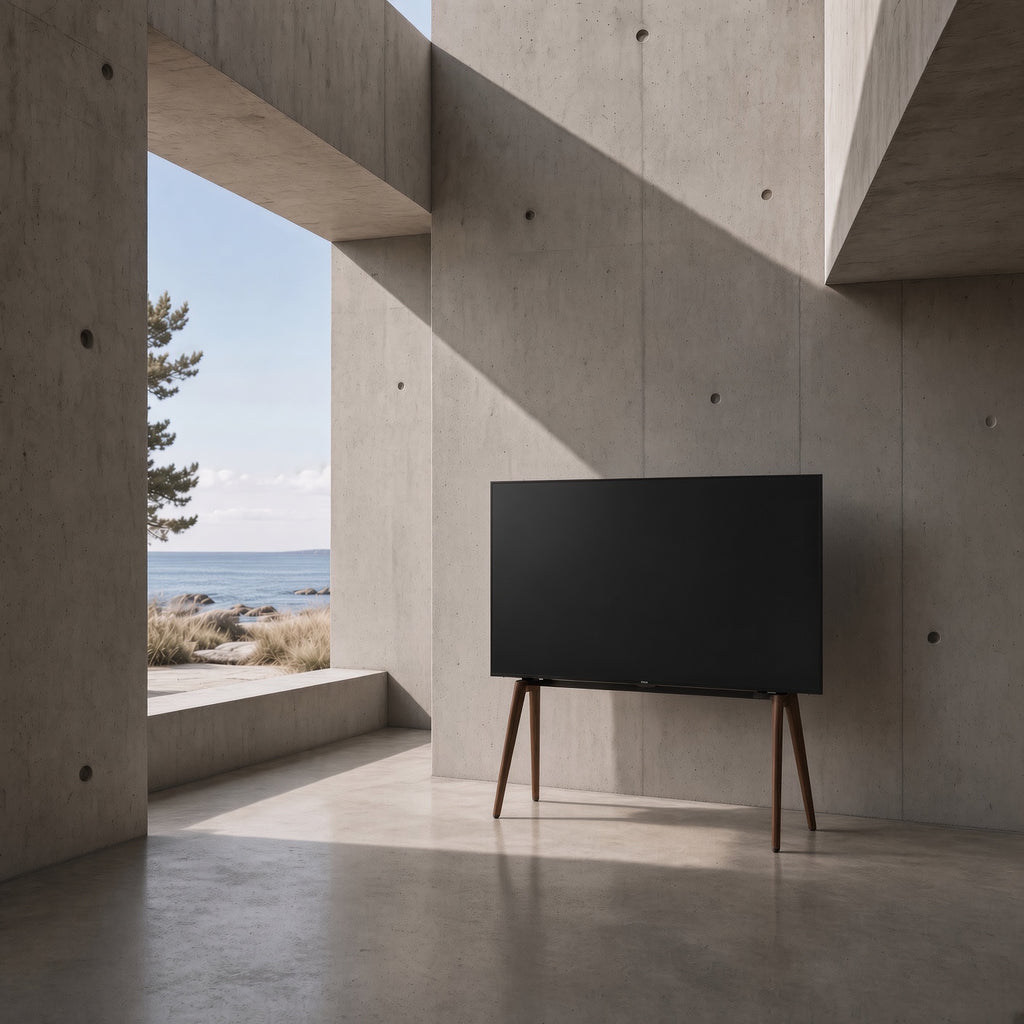 Walnut EASEL TV stand against a concrete wall by the sea