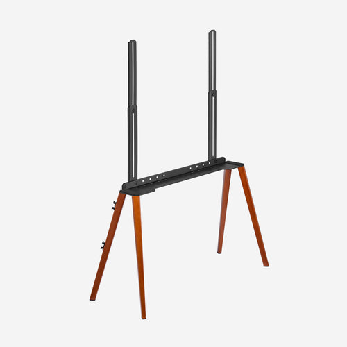 Walnut EASEL TV stand, three-quarter front view, walnut on painted black steel