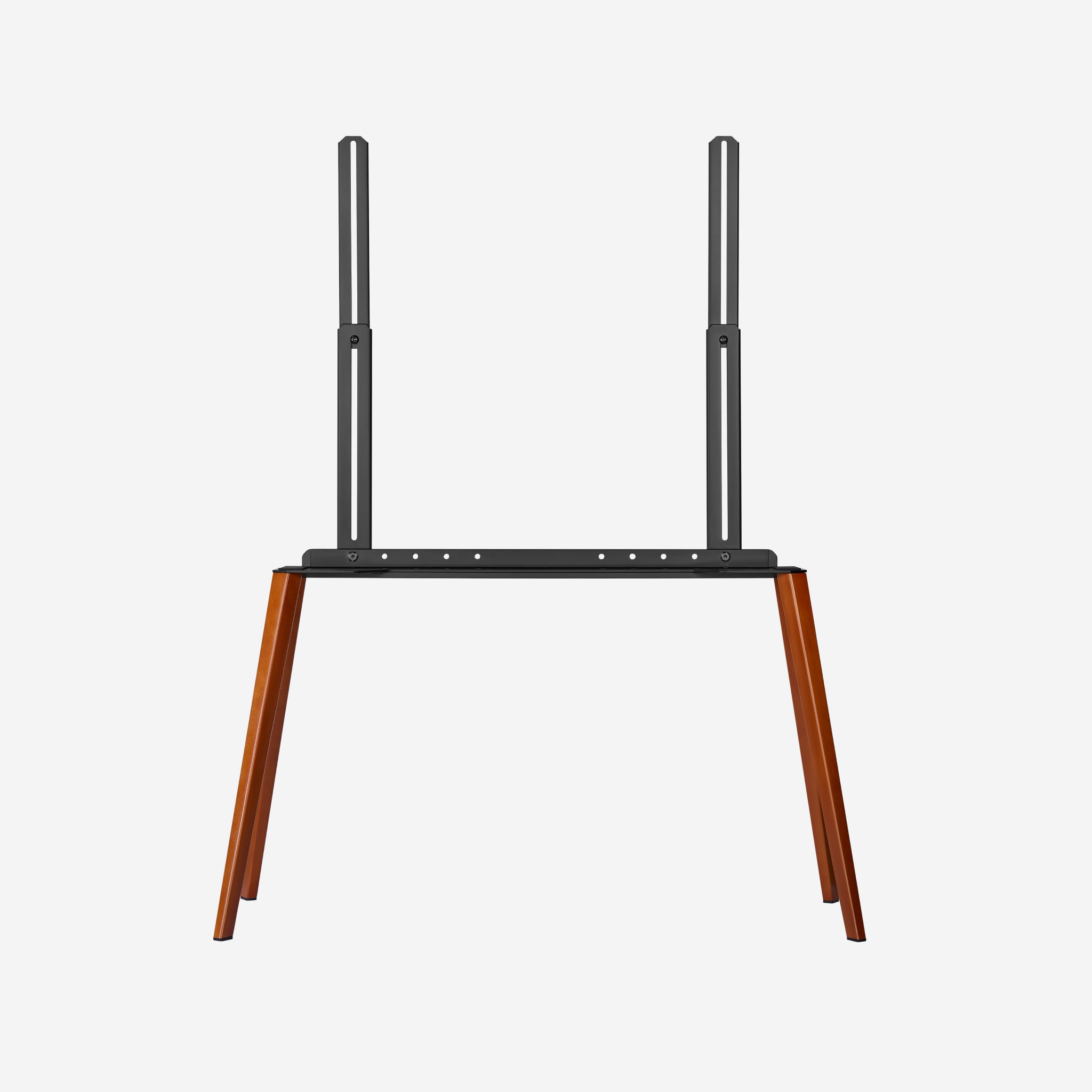 Walnut EASEL TV stand, front view, solid walnut legs on painted black steel
