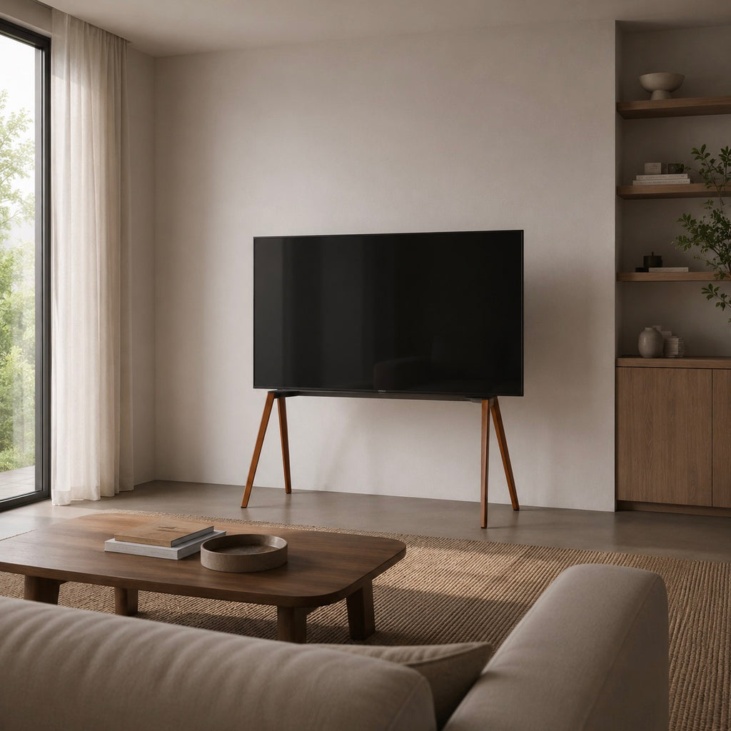 Walnut EASEL TV stand in a calm living room, solid walnut legs on painted black steel